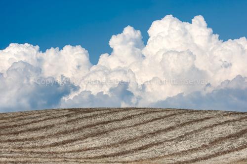 Campo di grano battuto con nuvole, crete senesi
