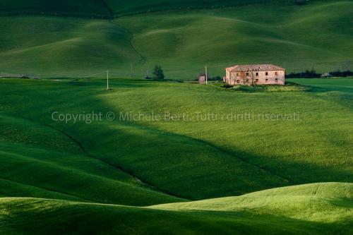 Casolare in collina con campi di grano, crete senesi