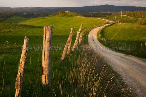 Strada di campagna con casolare toscano nelle crete senesi